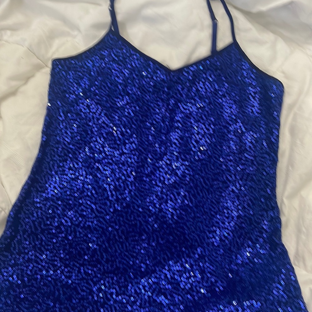 Express Tank Top Womens Small Glitter V-Neck Adjustable Strap navy blue sequins.